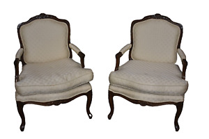 Pair Of Baker Walnut Carved Louis Xv Style Upholstered Arm Chairs