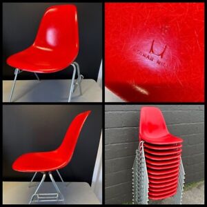  4x Red Original Herman Miller Eames Fiberglass Shell Chairs