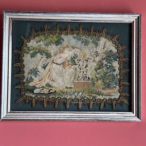 Antique Micro Petit Point Embroidery Tapestry Needlepoint Maiden Igniting Flame