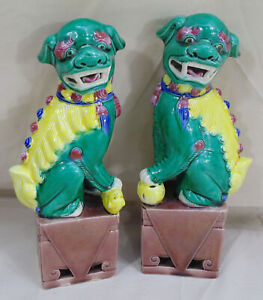 Vintage Pair Of Chinese Porcelain Foo Dogs Guardion Statue Book Ends 8 Tall