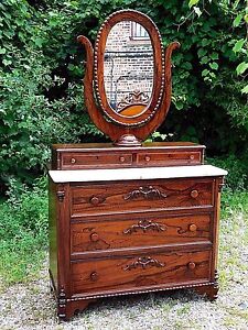 Rosewood Antique Victorian Ornate Dresser Oval Mirror With Marble Top