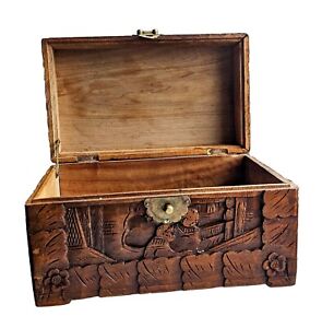 Antique Chinese Camphor Chest Wood Brass Hinged Wood Tea Box Heavily Carved Rare
