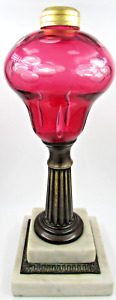 Antique Kerosene Oil Stand Lamp Quatrefoil Prism Cut Overlay Cranberry Glass