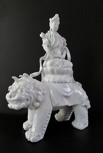 Quan Yin Riding Foo Dog White Blanc De Chine Porcelain Sculpture 16 