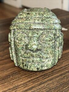 Ancient Olmec Head Aztec Mayan Figurine Green Crushed Stone Mexico 3 5 Tall