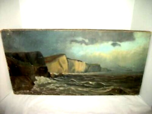 Antique Victorian Seascape Oil Painting Moody Sky Rocks Ship 1890s Canvas