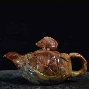 Chinese Natural Shoushan Stone Handcarved Exquisite Lotus Fish Teapot Ag0123
