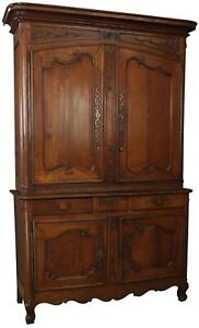Antique French Country Cabinet Oak Inlaid Flowers 1790 4 Doors 2 Drawer