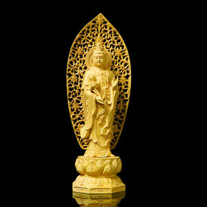  Natural China Boxwood Wood Hand Carved Back Screen Buddha