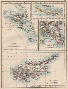 Athens Greek Islands Corfu Crete Cyprus Candia Greece Johnston 1895 Map