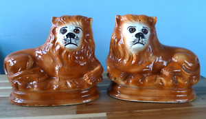 Pair Antique Victorian Staffordshire Fireside Treacle Glazed Dogs Lions