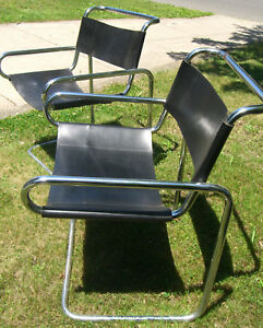 Ralph Rye By Dunbar Tubular Chrome Black Leather Cantilever Chairs 1960
