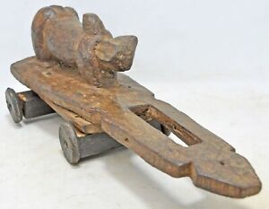 Antique Wooden Cow Cart Figurine Original Old Hand Carved