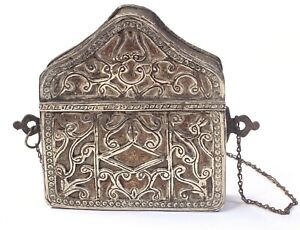 Antique Vintage Moroccan Brass Quran Koran Case With Silver Decoration