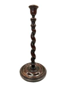 Antique English Oak Barley Twist Candlestick Candle Holder 13 H Lamp Base 