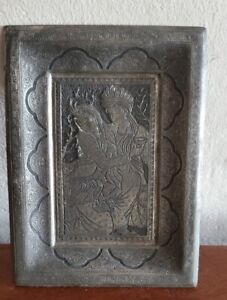 Antique Persian Silver Black Etching Persian Couple Tray Signed By The Artist