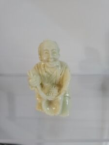 Japanese Netsuke Highly Detailed Hand Carved Old Man Holds Cane Basket 2 Inches