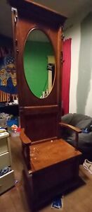Antique Hall Tree W Coat Hooks Seating Area Mirror And Storage Compartment 