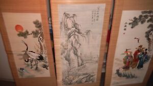 3 Collectible Japanese Hanging Bamboo Scroll Paintings