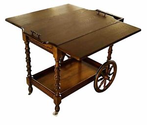 Vtg Mid Century Drop Leaf Table Bar Tea Cart Serving Trolley W Handle Drawer