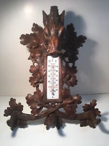 Antique Black Forest Swiss Wood Carved Boars Head Thermometer Wall Hook