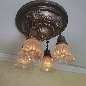 406c Antique Ceiling Light Fixture Brass Chandelier Glass Shade Victorian 1910 S