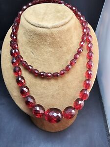 Vintage Cherry Amber Bakelite 32 Long Oval Faceted Bead Necklace Art Deco 48 G