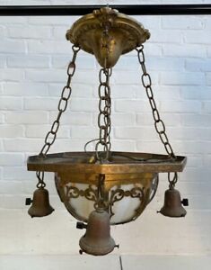 Antique Slag Glass Brass Arts And Crafts Chandelier Ceiling Light Fixture