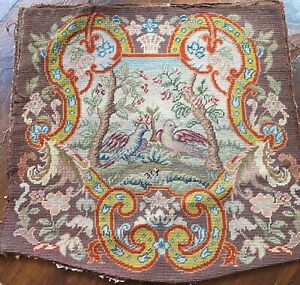 Vintage French Antique Petit Point Needlepoint Panel From Seat Cover Xx395