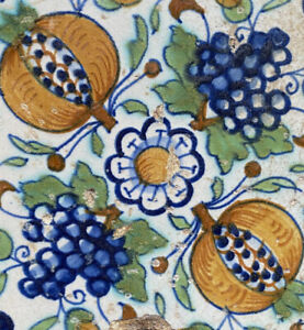 Antique Early Dutch Delft Maiolica Tile Pomgranete Bunch Of Grapes Circa 1600