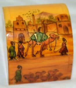 Mini Intricate Camel Painted Bone Footed Box W Lid Middle East Arabic Trinket