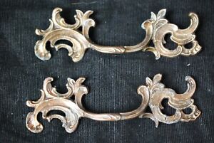 Vintage Pair Distressed Brass Ornate Scrollwork Dresser Drawer Pulls