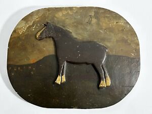 Primitive Folk Art Carved On Board Horse In Field Unsigned 11 1 2 X 15 