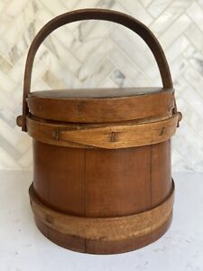 Vintage Wooden Firkin Sugar Bucket Wood Handle Lid Small