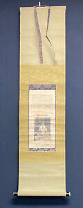 Buddhist Scripture Hanging Scroll With Monk Illustration Gold Leaf