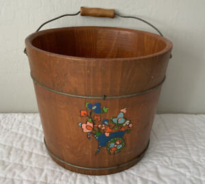 Primitive Country Vintage Wood Bucket Flower In Cart Motif Metal Handle
