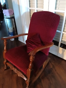 Antique Hand Carved Upholstered Rocker Rocking Chair W Matching Pillow