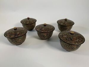 5 Vintage Fine Porcelain Asian Tea Cups With Lids Peacock Design Japan