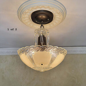 414c Vintage Antique Ceiling Light Lamp Fixture Glass Shade Chandelier 30 S 40 S