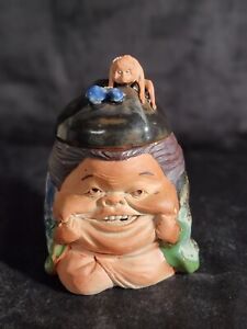 Sumida Gawa Antique Japanese Signed Hara Gozen Figural Tea Humidor Lidded Jar