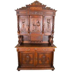 Antique Outstanding Carved Scenic Oak Sideboard 21747