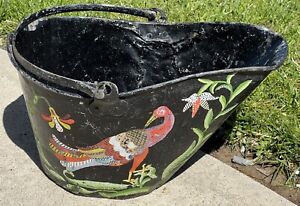 Antique Victorian Tole Fireplace Ash Bucket Hand Painted Bird Flowers