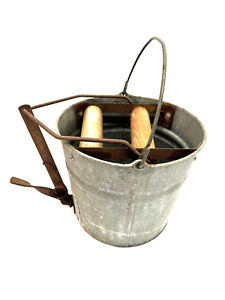 Vintage Working Wringer Mop Pail Galvanized Bucket W Wooden Rollers