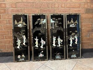 4x36 X12 Vintage Chinese Black Lacquer Mother Of Pearl Wall Plaques Antique 