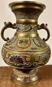 Antique Japanese Persian Style Champlev Cloissone Enameled Bronze Vase Urn