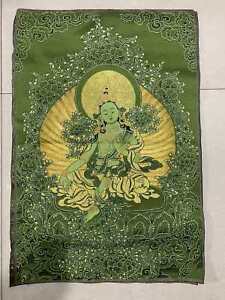 36 Tibet Tibetan Cloth Silk Buddhism Green Tara Guanyin Tangka Thangka Mural 075
