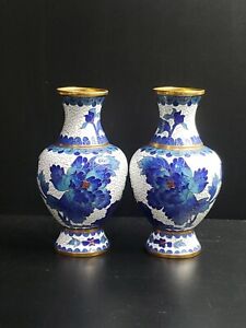 Pair Of 2 Vintage Chinese Cloisonn Blue And White Enamel Vase 6 Birds Flowers