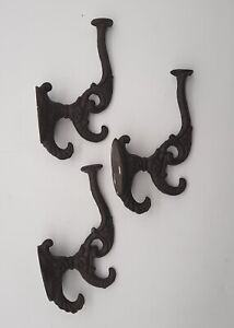 Victorian Cast Iron Triple Metal Coat Hat Wall Hooks Antique Rustic Lot Of 3