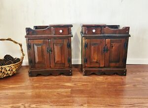 Pair Dark Pine Rustic Side Tables Farmhouse Magazine Storage Cabinets