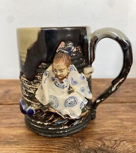 Antique Japanese Sumida Gawa Figural Relief Mug Cup 19th Century Signed